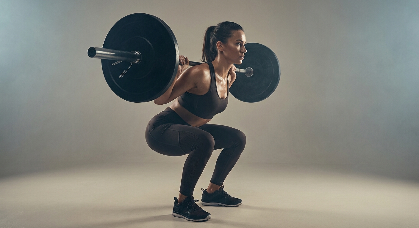 Vue latérale détaillée d'un squat avec barre montrant l'alignement postural parfait.