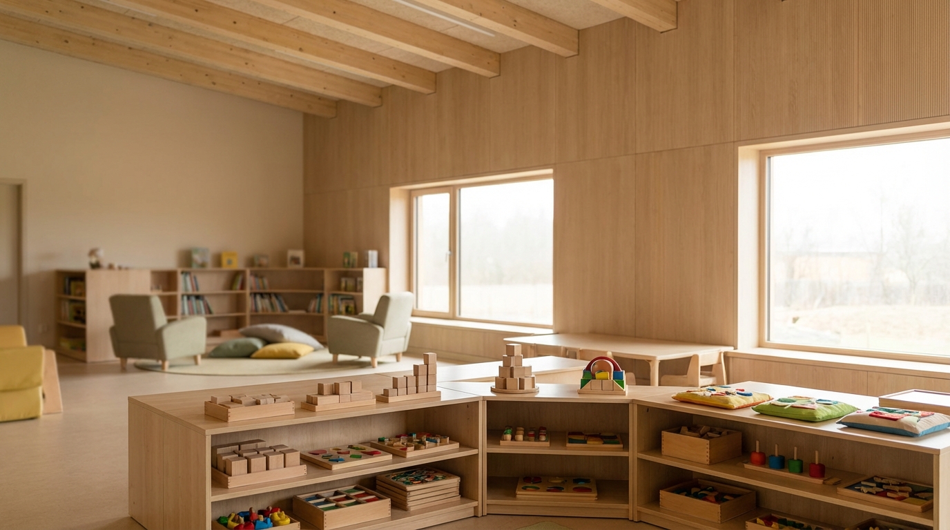 Intérieur d'une crèche moderne et lumineuse avec des matériaux naturels.